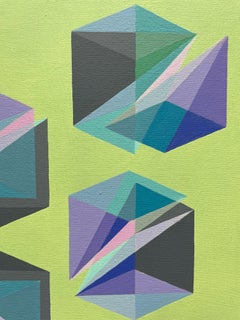 Geometric abstract Op Art Pop Art painting in green, blue  & purple w/ triangles