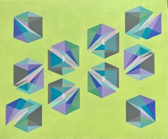 Geometric abstract Pop Art Op Art painting w/ green, yellow, violet, gray, blue 
