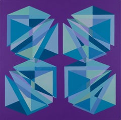 Geometric abstract Pop Art Op Art painting w/ blue & purple triangles & cubes