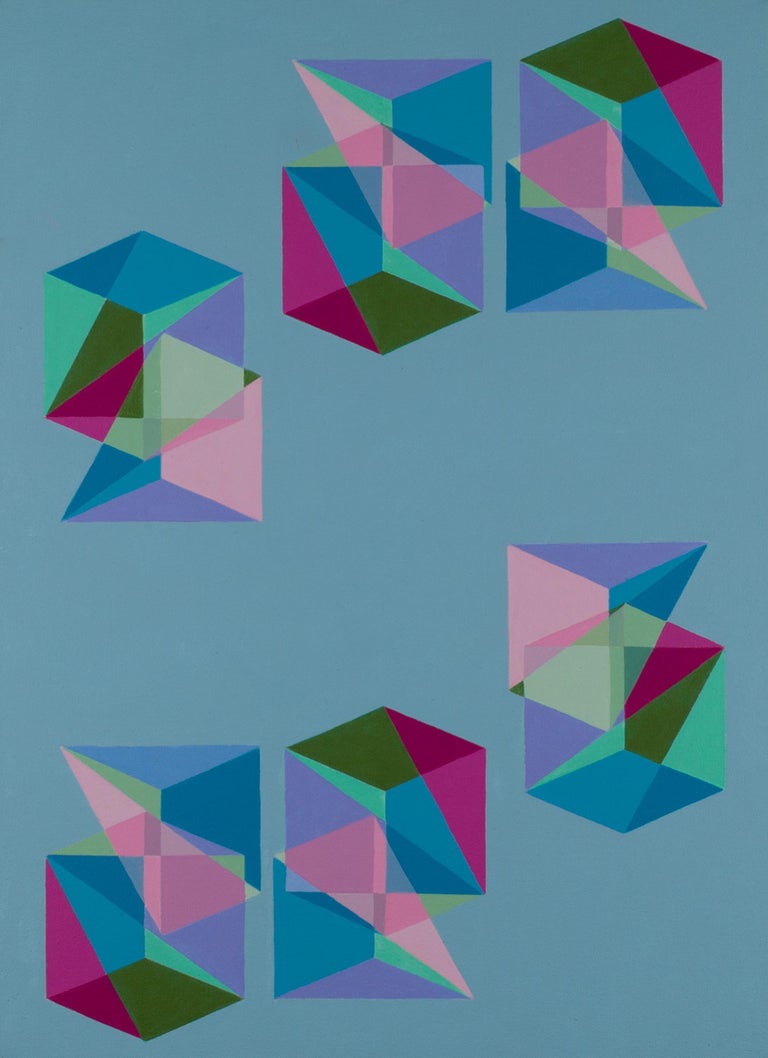 Geometric Op Art abstract painting w/ green, pink & blue cubes & pyramids For Sale 4