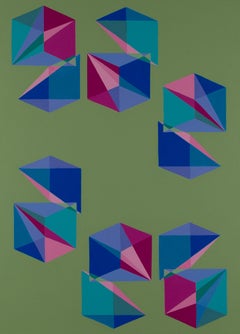 Geometric Op Art abstract painting w/ green, pink & blue cubes & pyramids