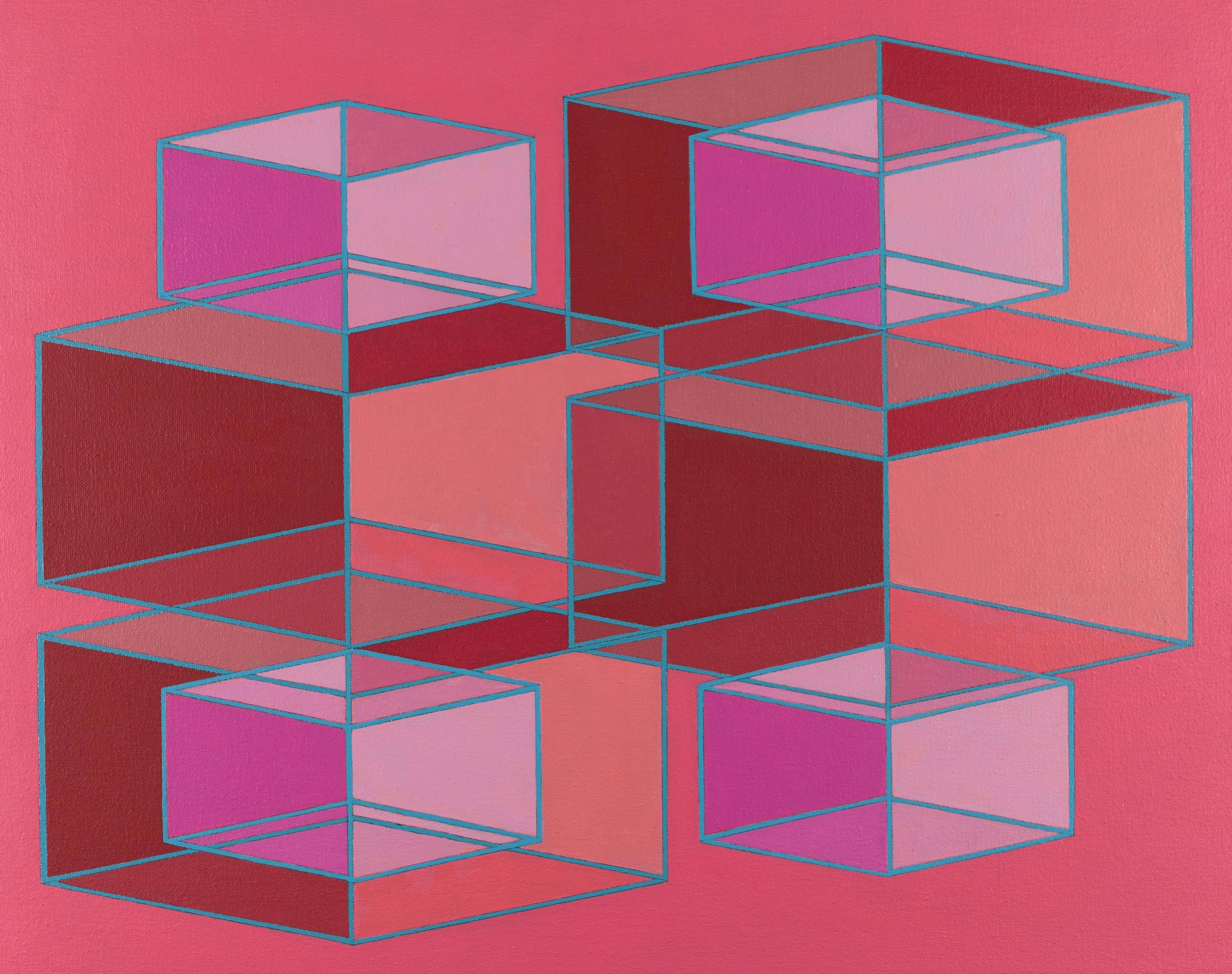 Benjamin Weaver Abstract Painting - Inner/Outer Cubes #5: geometric abstract Op Art Pop Art painting w/ red & pink