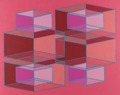 Inner/Outer Cubes #5: geometric abstract Op Art Pop Art painting w/ red & pink