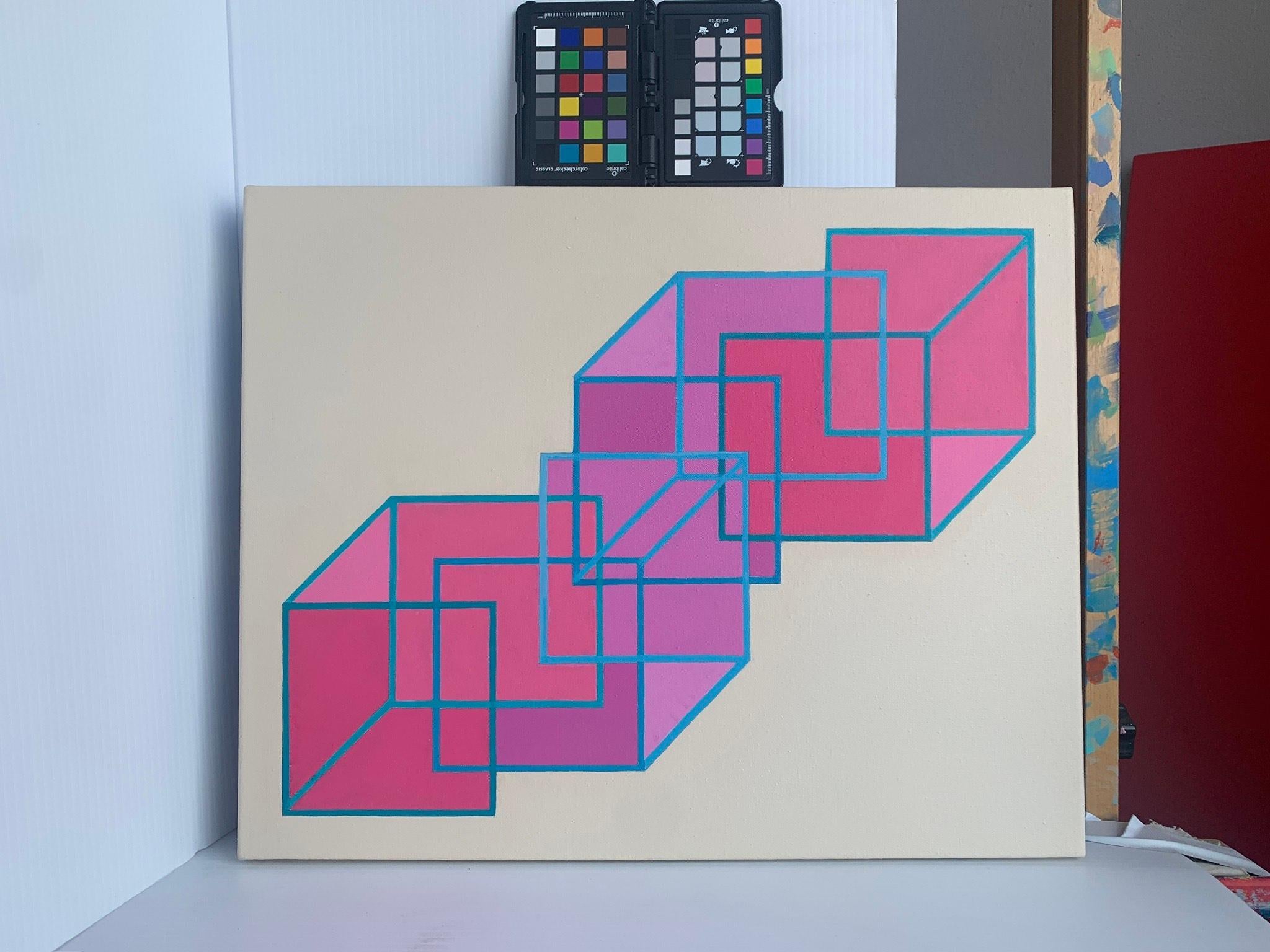 Interlocking #13: geometric abstract Op Art painting; pink purple blue squares - Painting by Benjamin Weaver