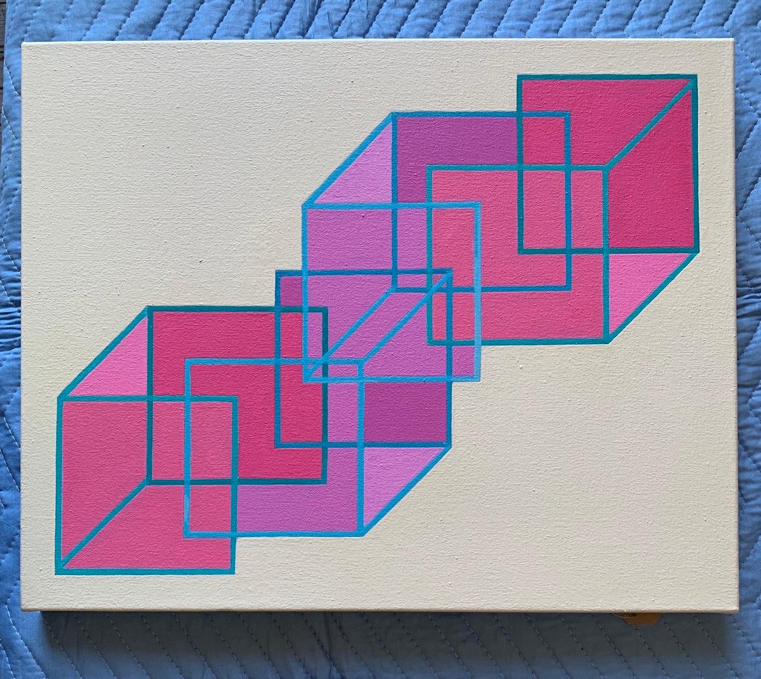 Interlocking #13: geometric abstract Op Art painting; pink purple blue squares - Abstract Painting by Benjamin Weaver