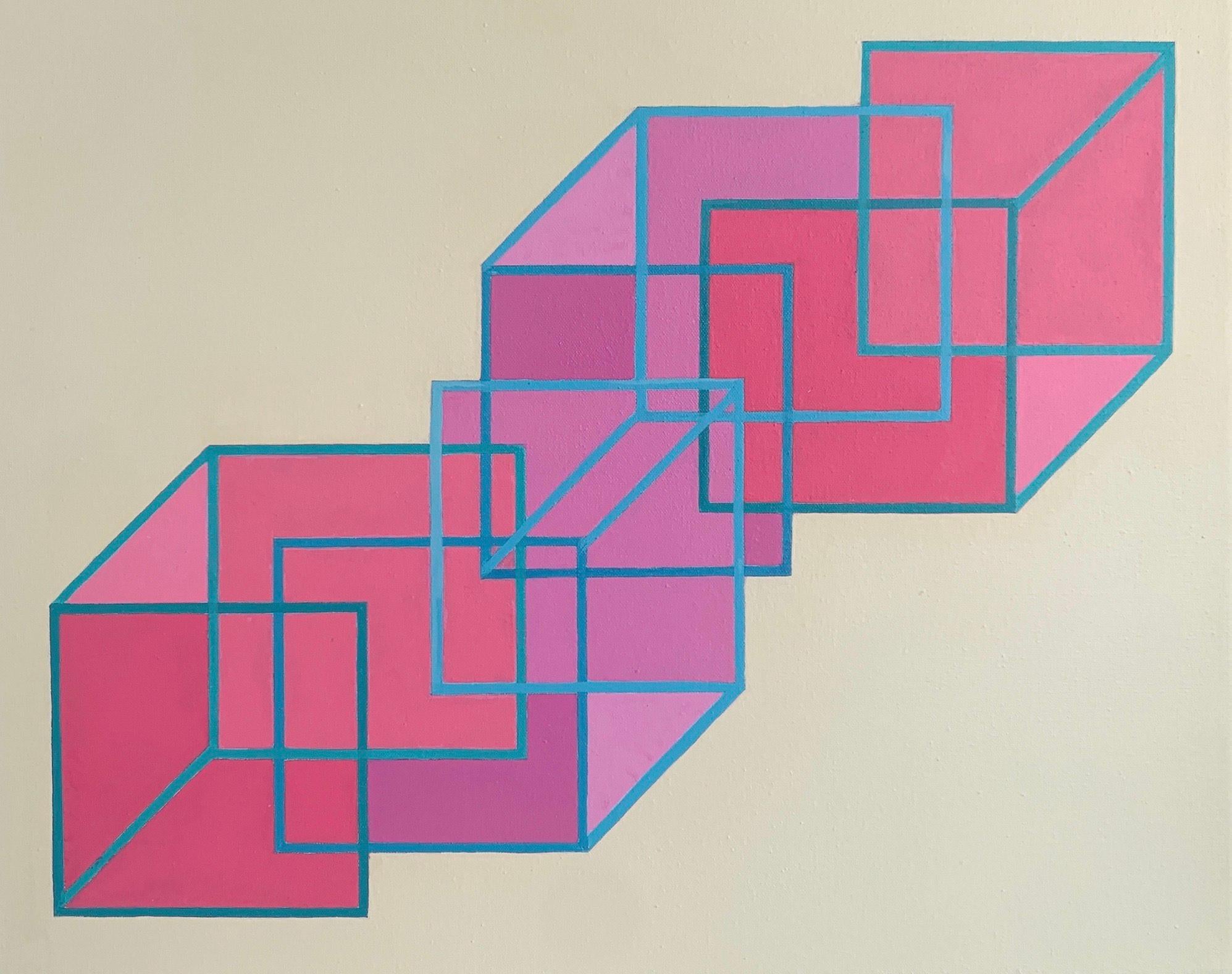 Benjamin Weaver Abstract Painting - Interlocking #13: geometric abstract Op Art painting; pink purple blue squares