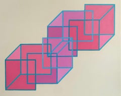 Interlocking #13: geometric abstract Op Art painting; pink purple blue squares