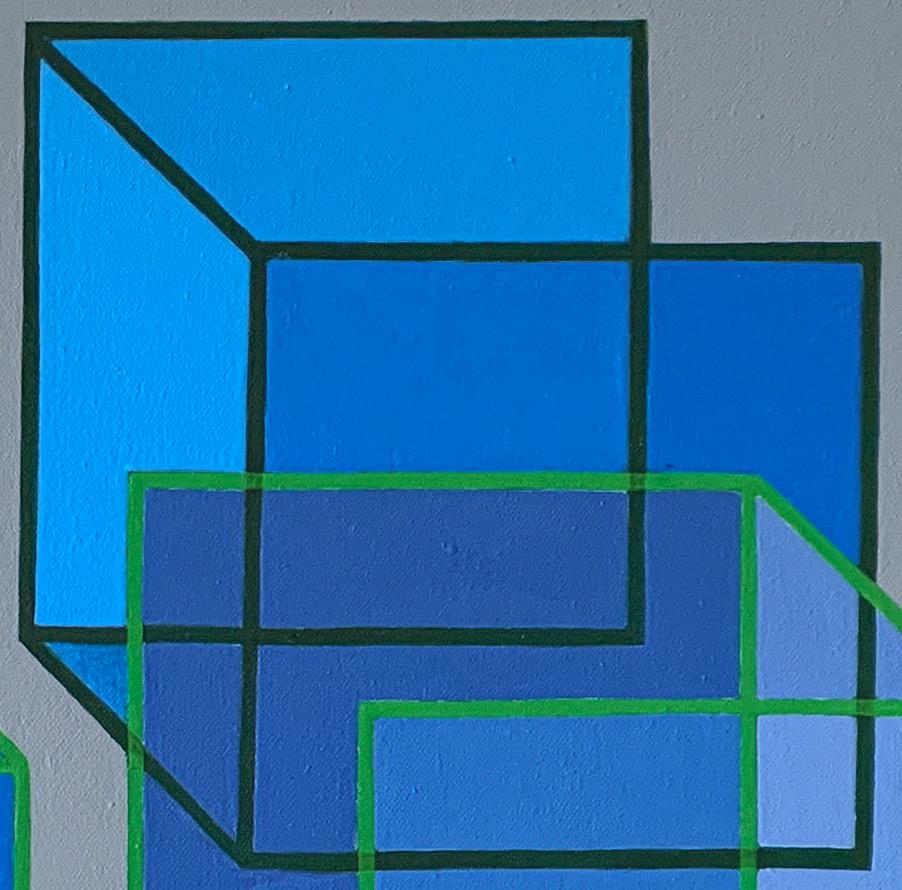 Interlocking #4: geometric abstract Op Art painting; blue squares cubes on gray - Painting by Benjamin Weaver
