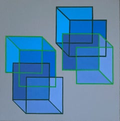 Interlocking #4: geometric abstract Op Art painting; blue squares cubes on gray