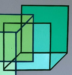 Interlocking #5: geometric abstract Op Art painting; green squares cubes on gray