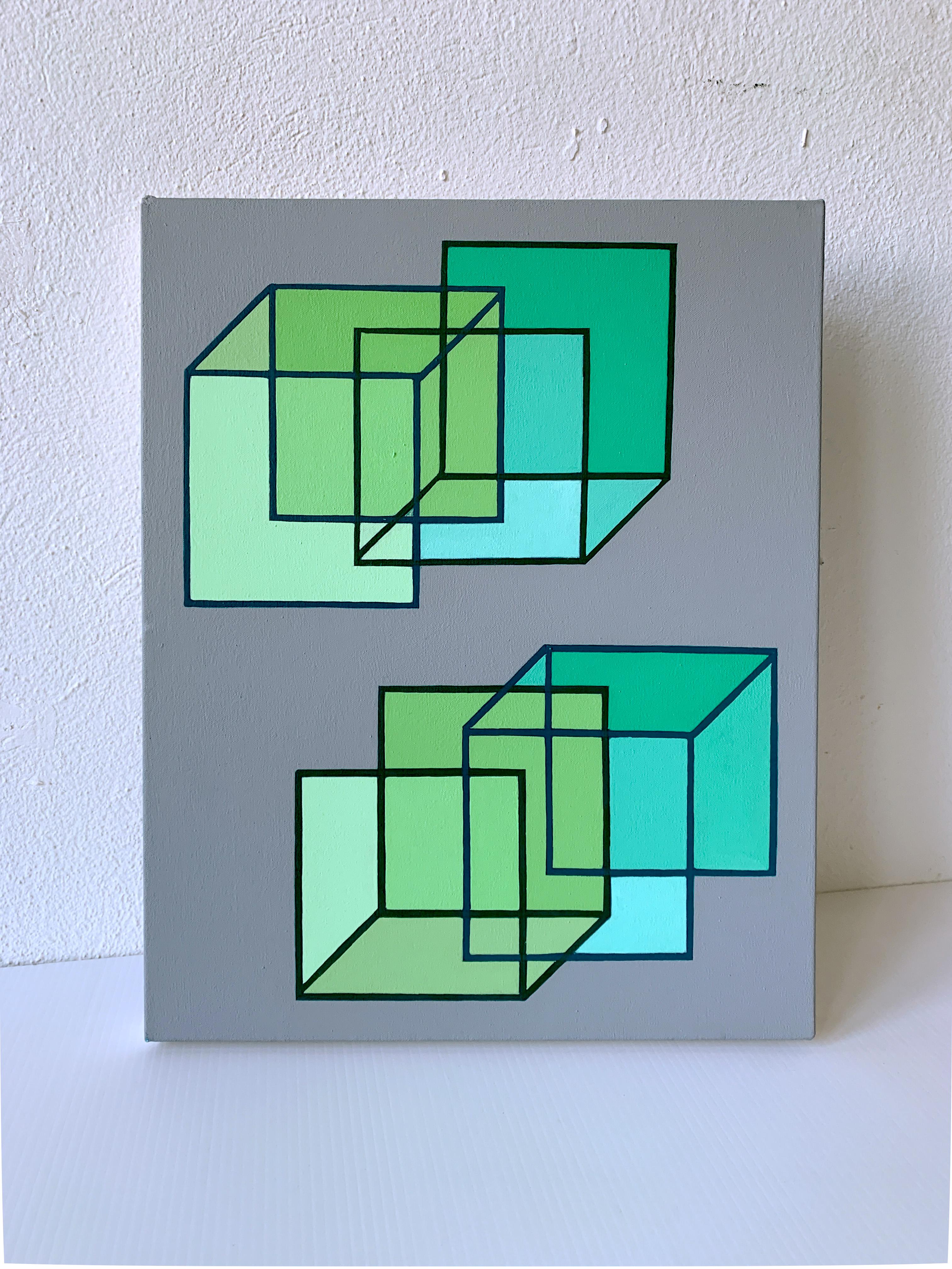 Interlocking #5: geometric abstract Op Art painting; green squares cubes on gray - Abstract Painting by Benjamin Weaver