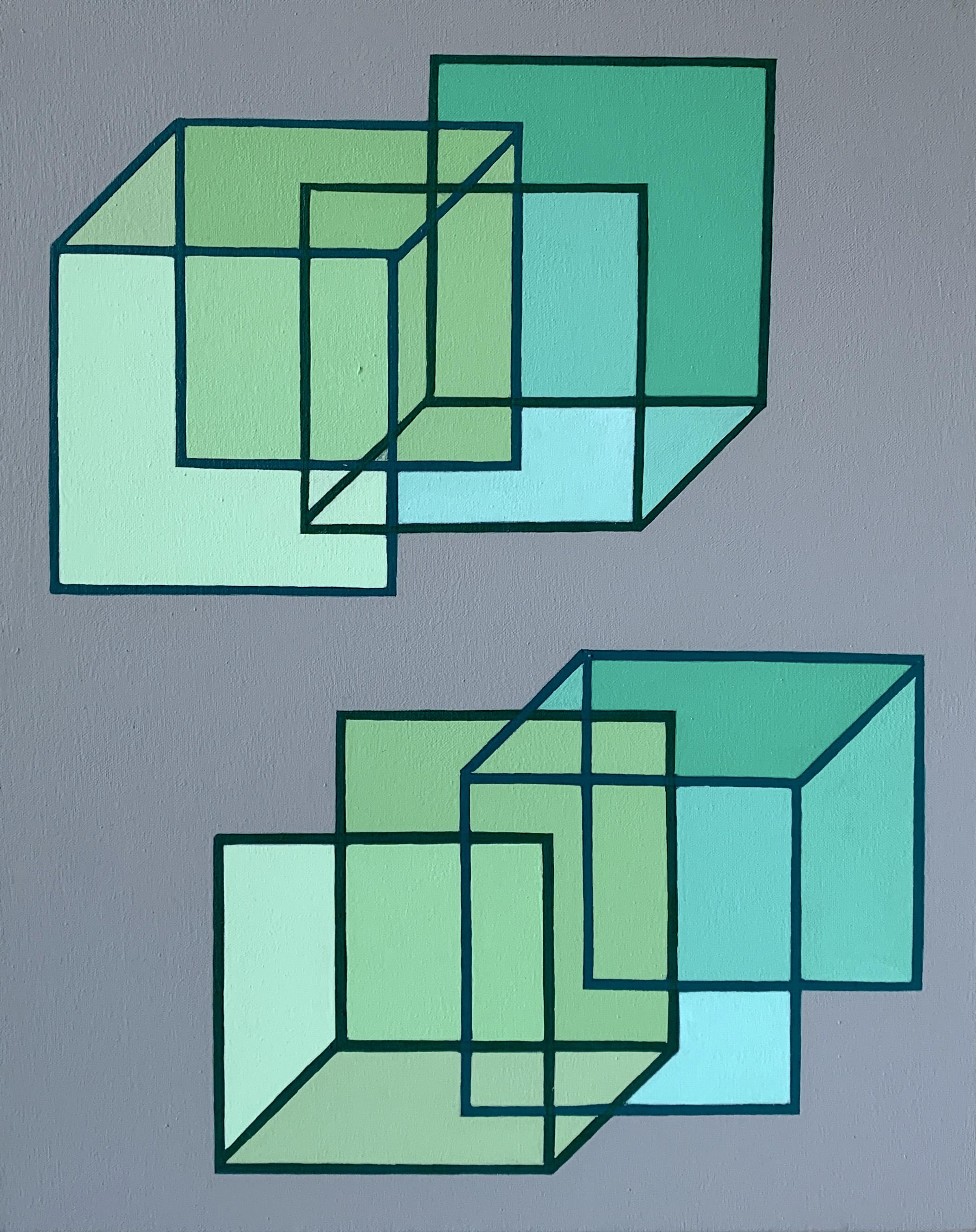 Benjamin Weaver Abstract Painting - Interlocking #5: geometric abstract Op Art painting; green squares cubes on gray