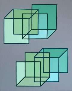 Interlocking #5: geometric abstract Op Art painting; green squares cubes on gray