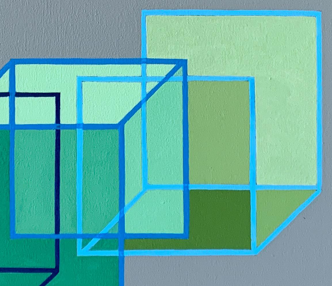 Interlocking #6: geometric abstract Op Art painting; green squares cubes on gray - Painting by Benjamin Weaver