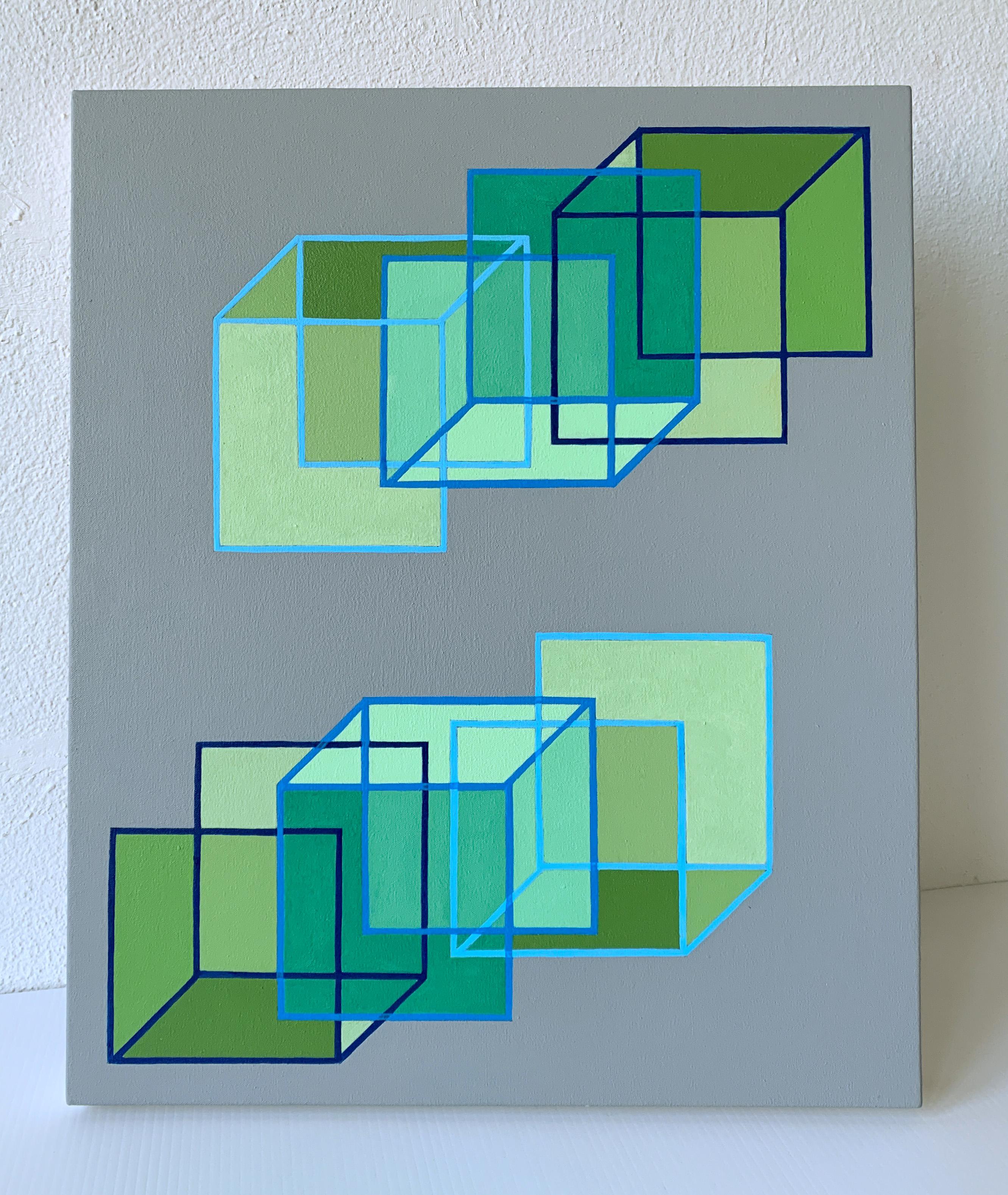 Interlocking #6: geometric abstract Op Art painting; green squares cubes on gray - Abstract Painting by Benjamin Weaver