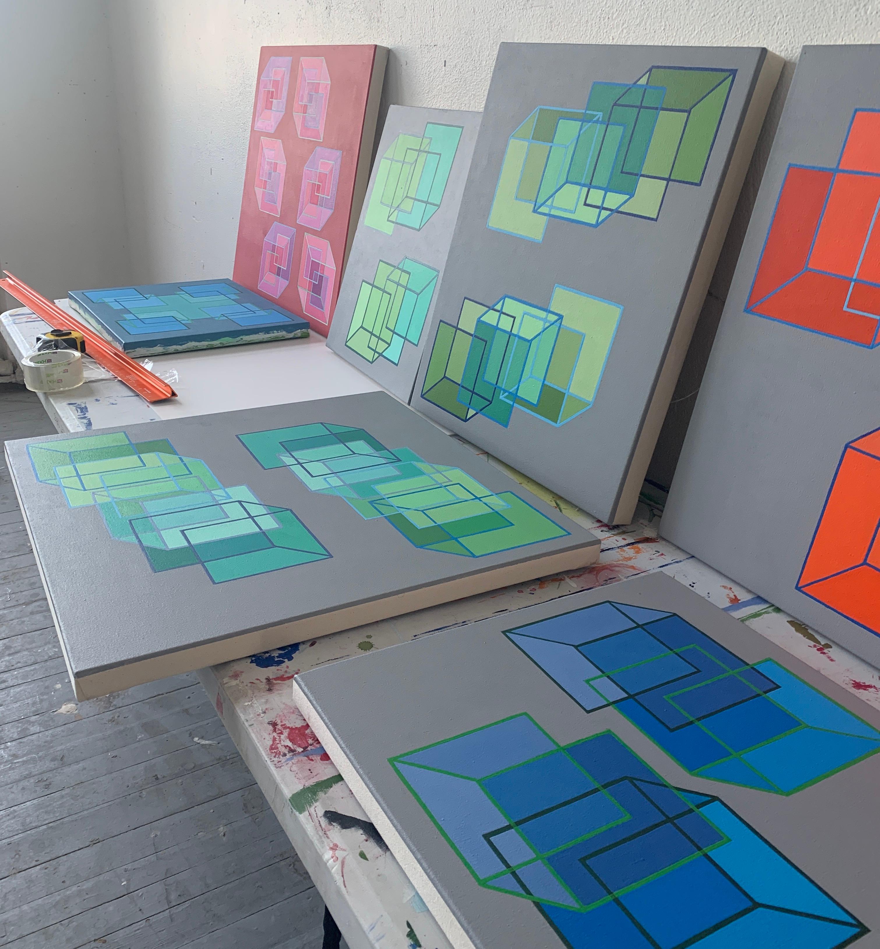 Benjamin Weaver creates spatial tension through his use of contrasting colors arranged in a geometric framework. Imagery and color work both with and against each other to create movement within the composition. By the artist’s careful placement of