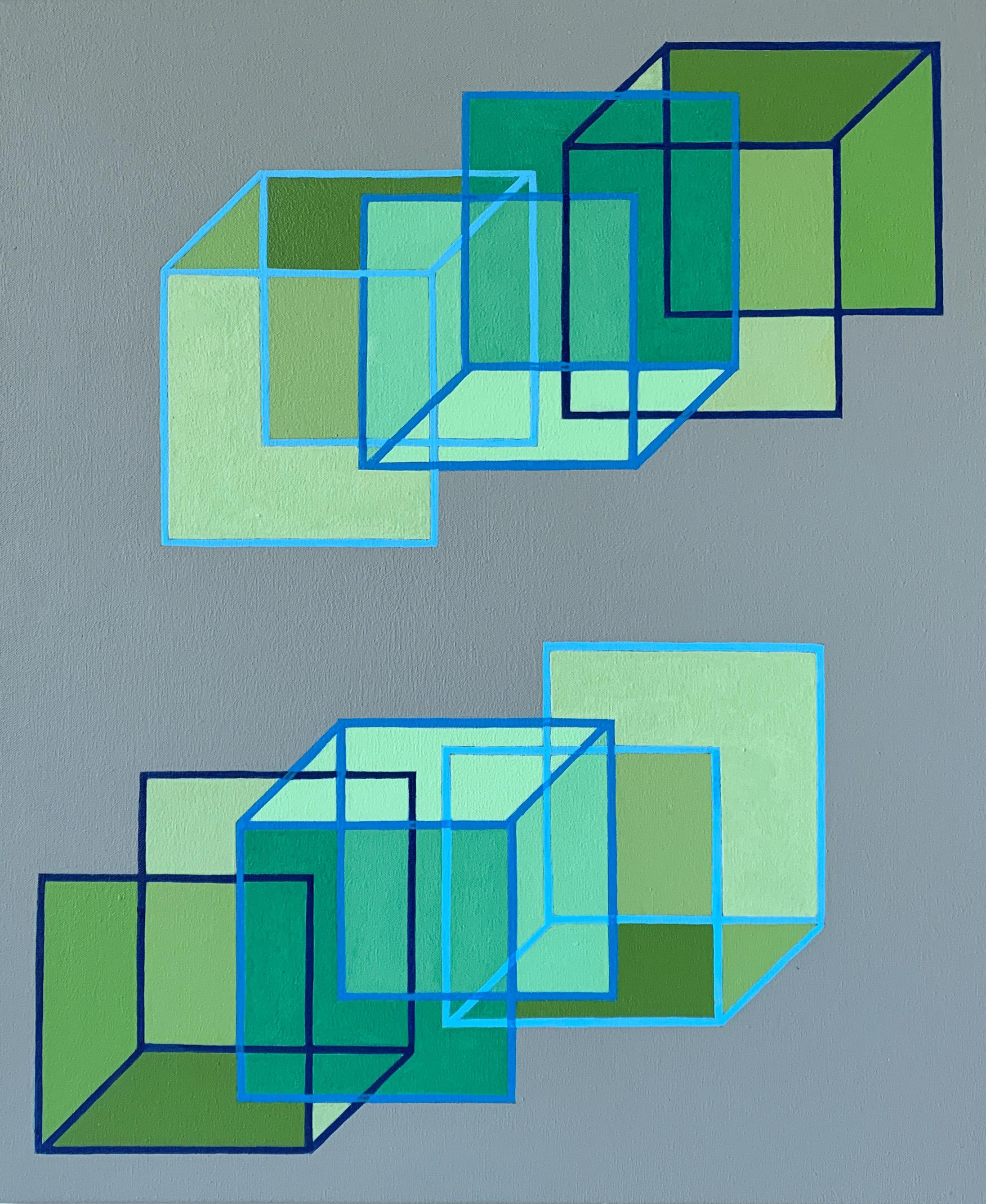 Benjamin Weaver Abstract Painting - Interlocking #6: geometric abstract Op Art painting; green squares cubes on gray