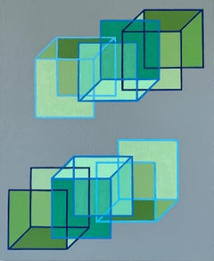 Interlocking #6: geometric abstract Op Art painting; green squares cubes on gray