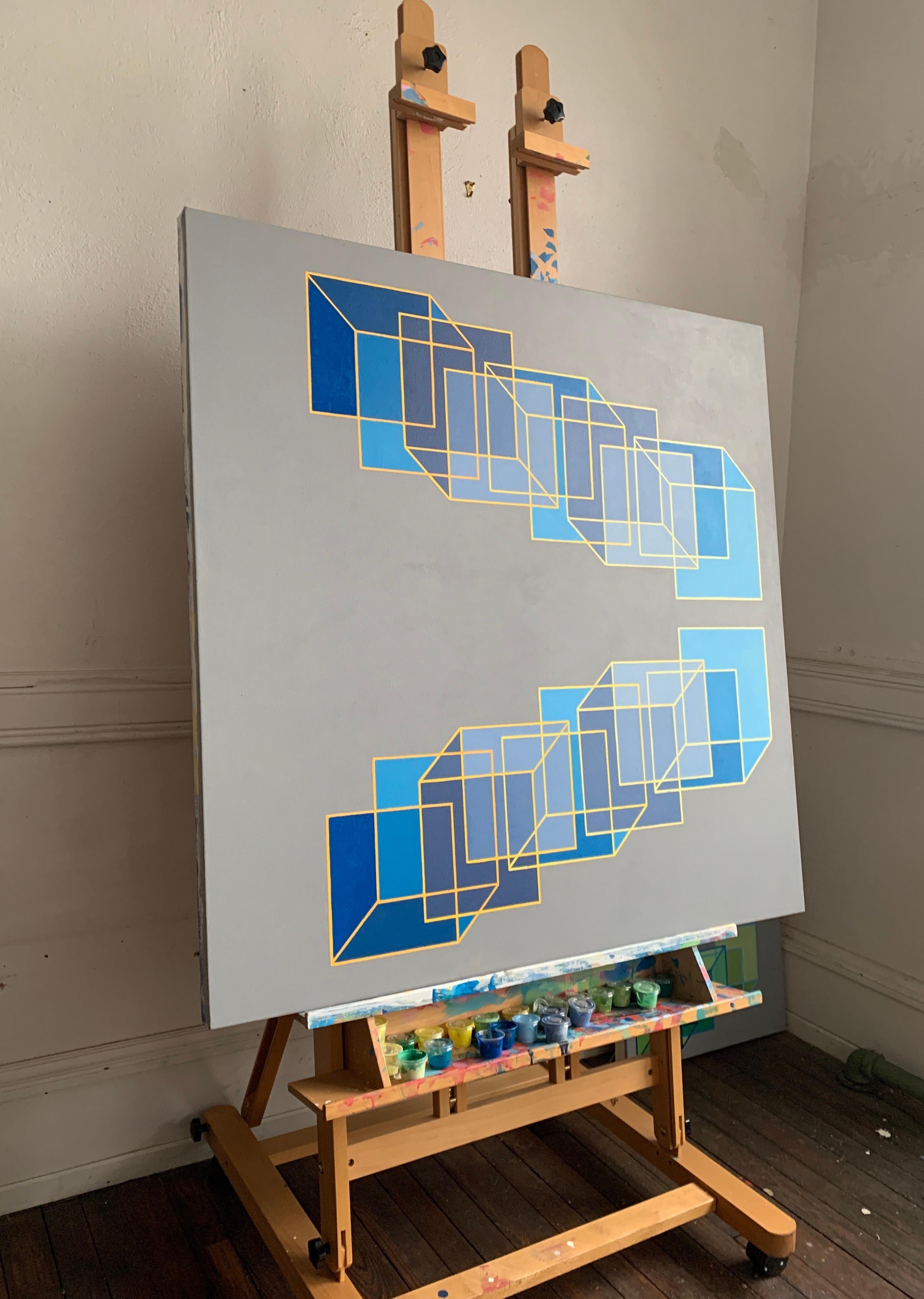 Interlocking #7: geometric abstract Op Art painting; blue squares on gray - Painting by Benjamin Weaver