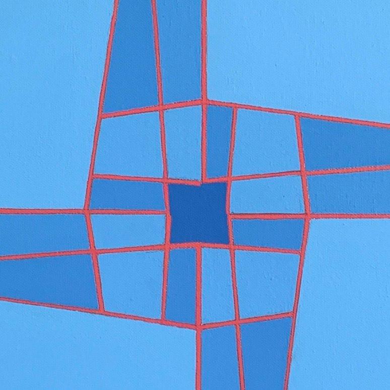 Intersecting Cubes #8: geometric abstract Op Art painting, blue squares w/ red  - Painting by Benjamin Weaver