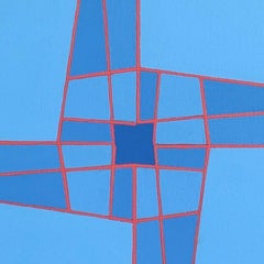 Intersecting Cubes #8: geometric abstract Op Art painting, blue squares w/ red