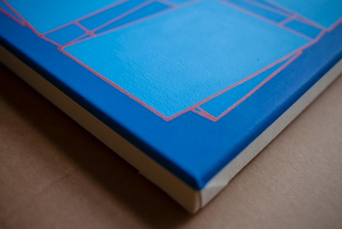 Intersecting Cubes #8: geometric abstract Op Art painting, blue squares w/ red - Abstract Painting by Benjamin Weaver