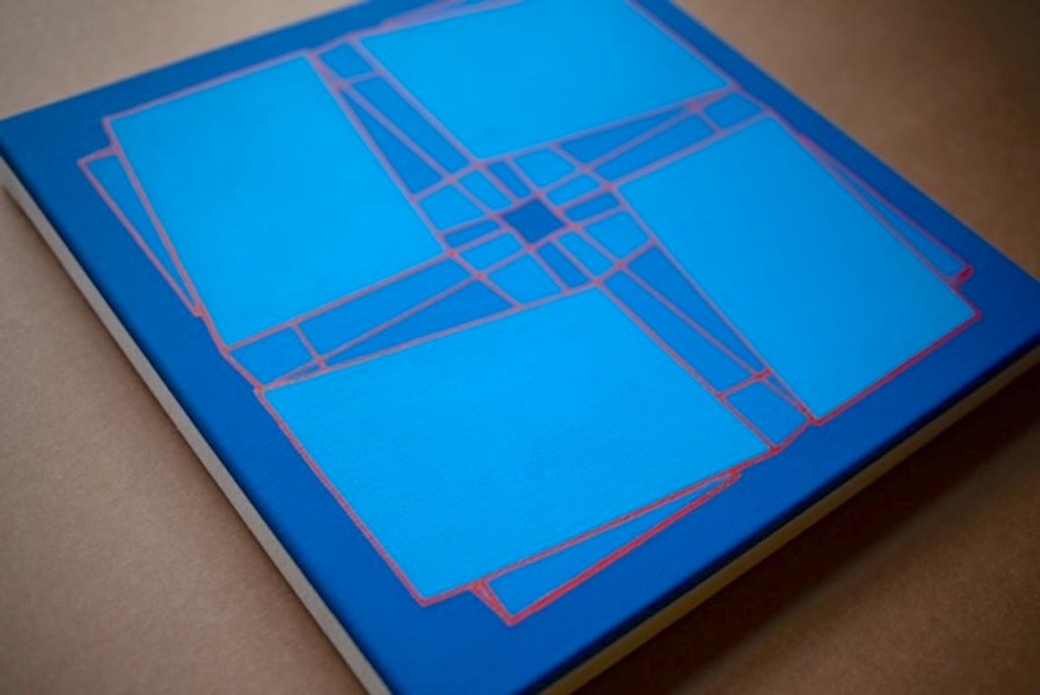 Benjamin Weaver creates spatial tension through his use of contrasting colors arranged in a geometric framework. Imagery and color work both with and against each other to create movement within the composition. By the artist’s careful placement of