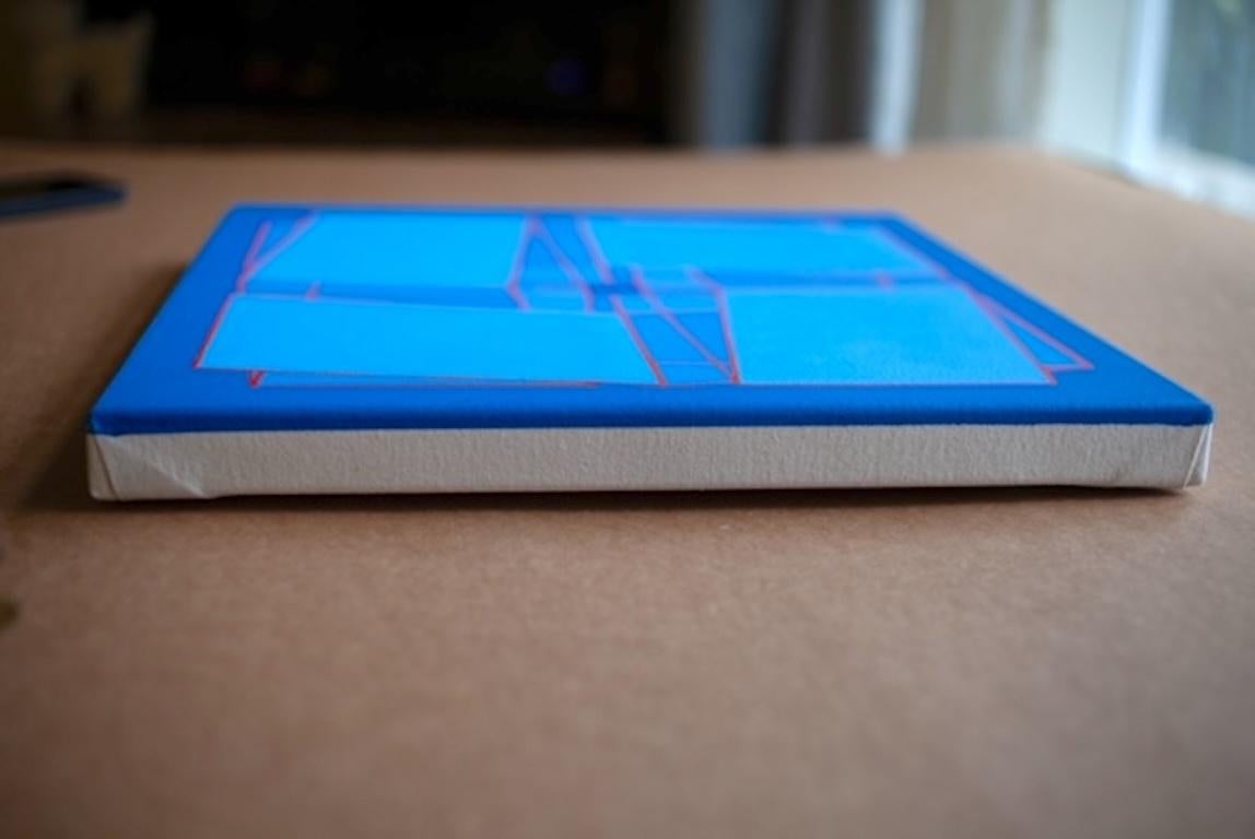 Intersecting Cubes #8: geometric abstract Op Art painting, blue squares w/ red - Blue Abstract Painting by Benjamin Weaver
