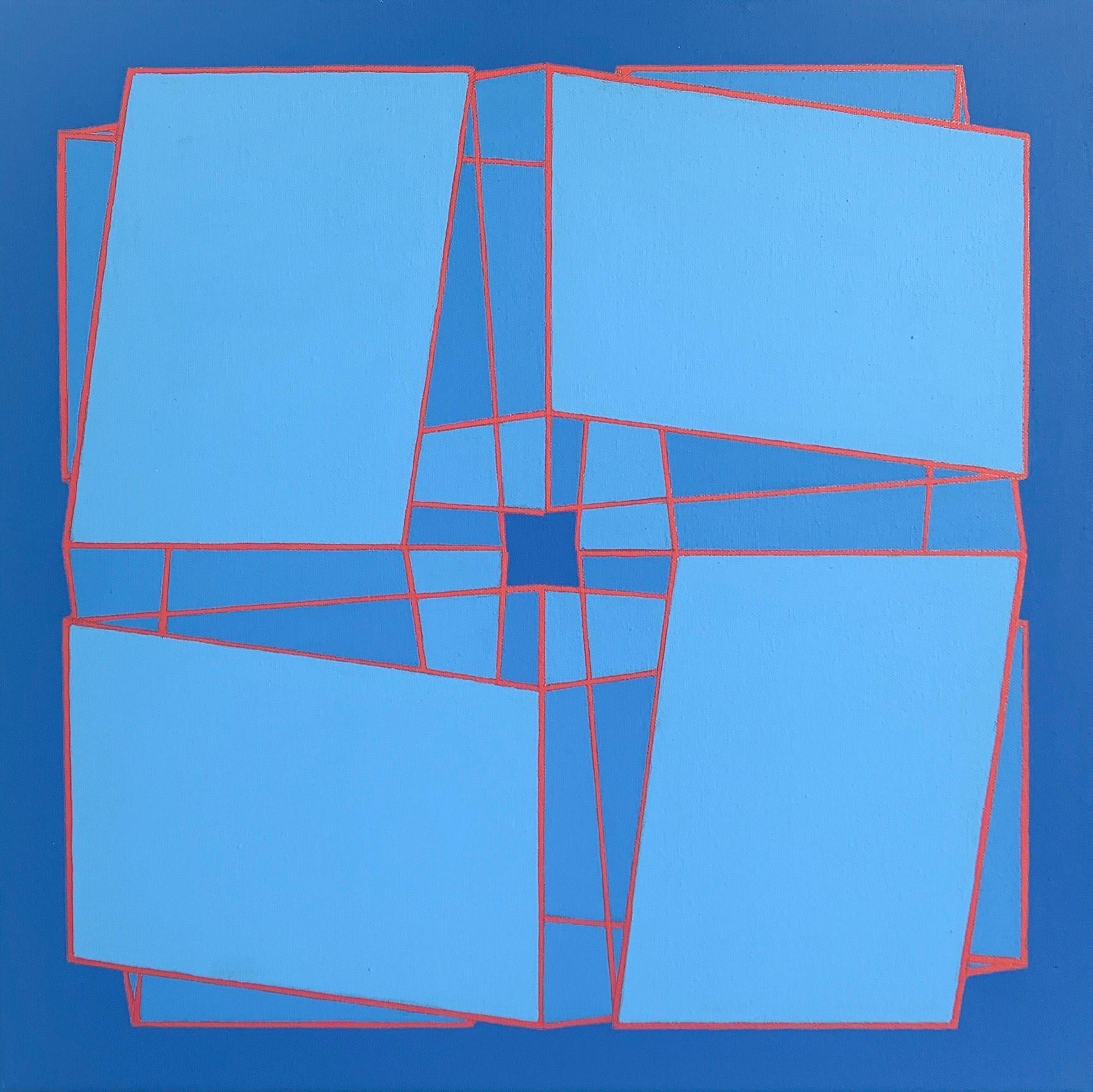 Benjamin Weaver Abstract Painting - Intersecting Cubes #8: geometric abstract Op Art painting, blue squares w/ red 