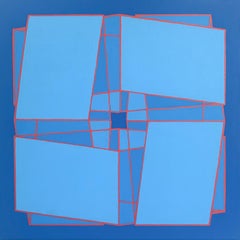 Intersecting Cubes #8: geometric abstract Op Art painting, blue squares w/ red