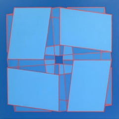 Intersecting Cubes #8: geometric abstract Op Art painting, blue squares w/ red 