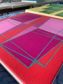 Intersecting Cubes #9: geometric abstract Op Art painting, pink & gray on orange