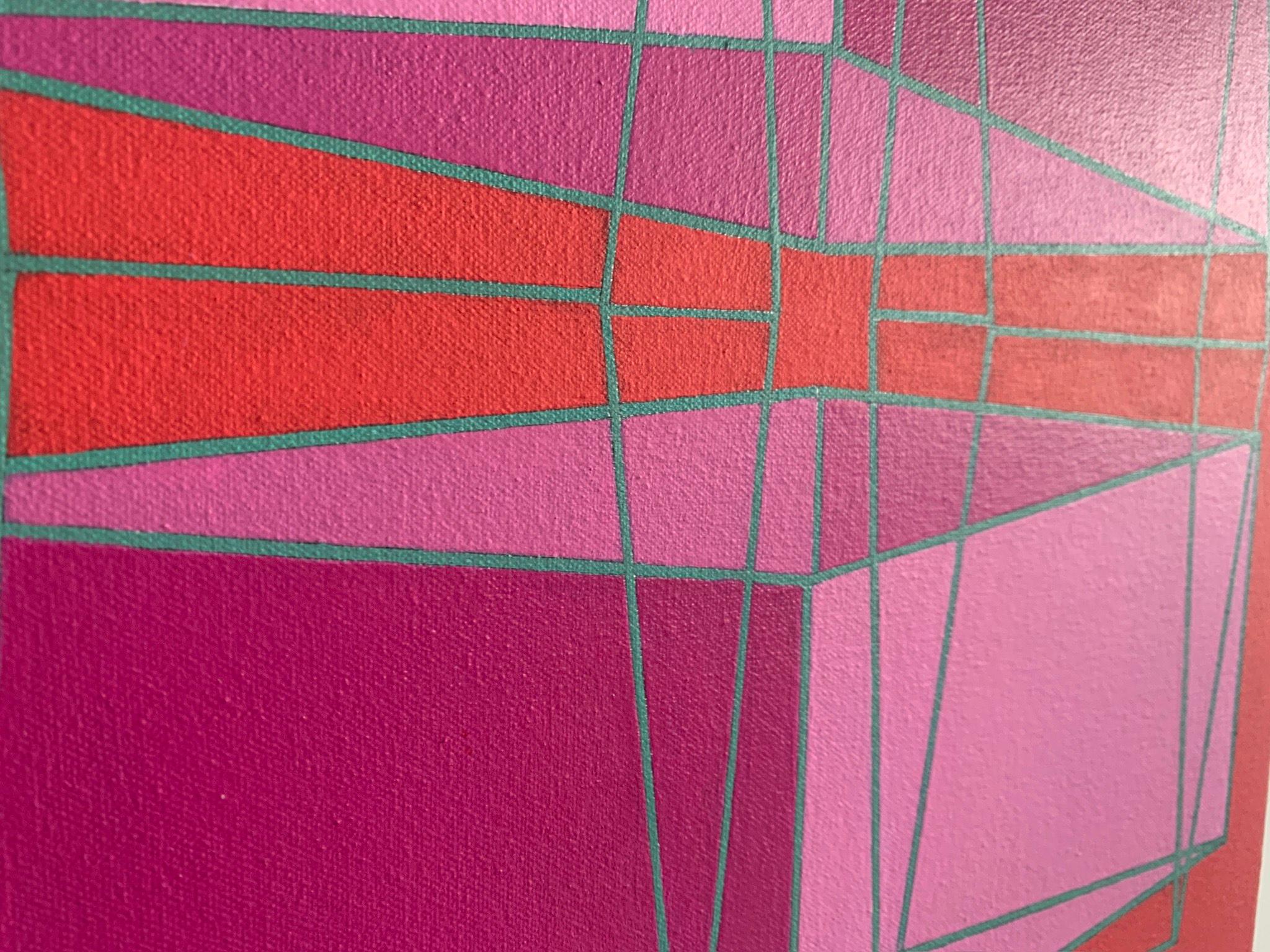 Intersecting Cubes #9: geometric abstract Op Art painting, pink & gray on orange - Abstract Painting by Benjamin Weaver