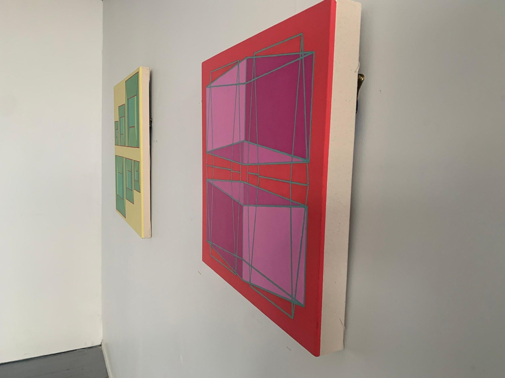 Benjamin Weaver creates spatial tension through his use of contrasting colors arranged in a geometric framework. Imagery and color work both with and against each other to create movement within the composition. By the artist’s careful placement of