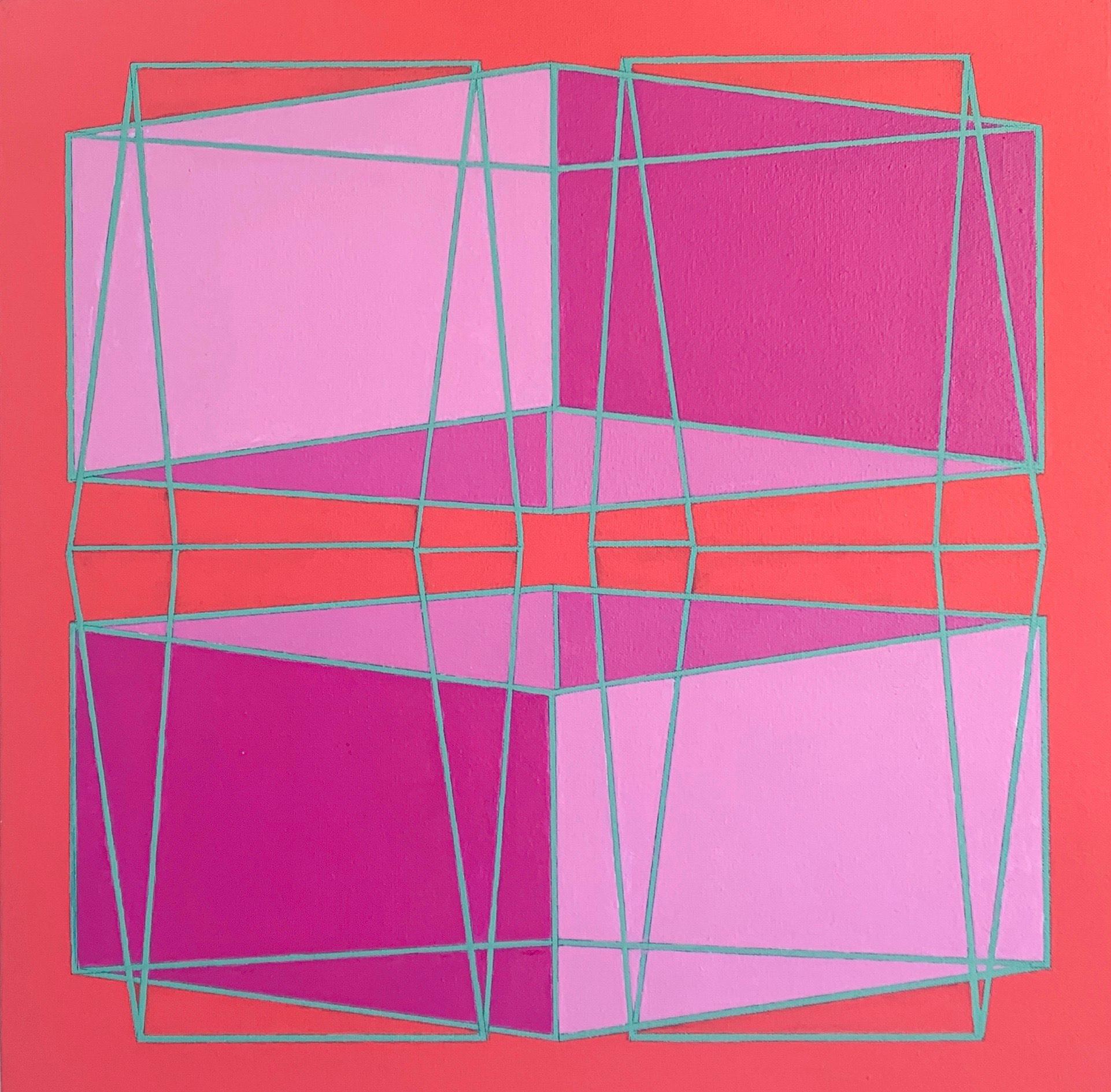Benjamin Weaver Abstract Painting - Intersecting Cubes #9: geometric abstract Op Art painting, pink & gray on orange