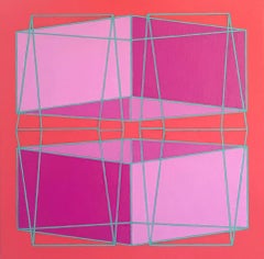 Intersecting Cubes #9: geometric abstract Op Art painting, pink & gray on orange