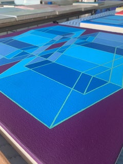 Cubos interiores/exteriores que se entrecruzan nº 3: pintura abstracta geométrica Op Art en tonos azules