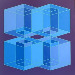 Intersecting Inner/Outer Cubes #3: geometric abstract Op Art painting in blues
