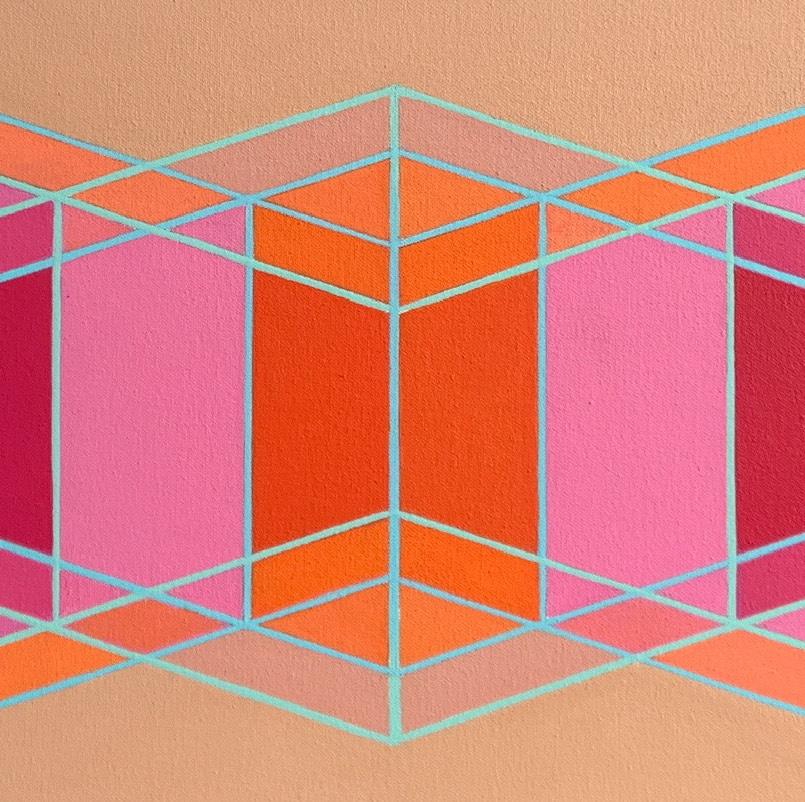Intersecting Inner/Outer Cubes 4: geometric abstract painting; pink, red, orange - Painting by Benjamin Weaver