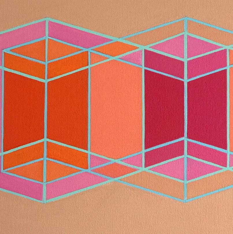 Intersecting Inner/Outer Cubes 4: geometric abstract painting; pink, red, orange - Abstract Painting by Benjamin Weaver