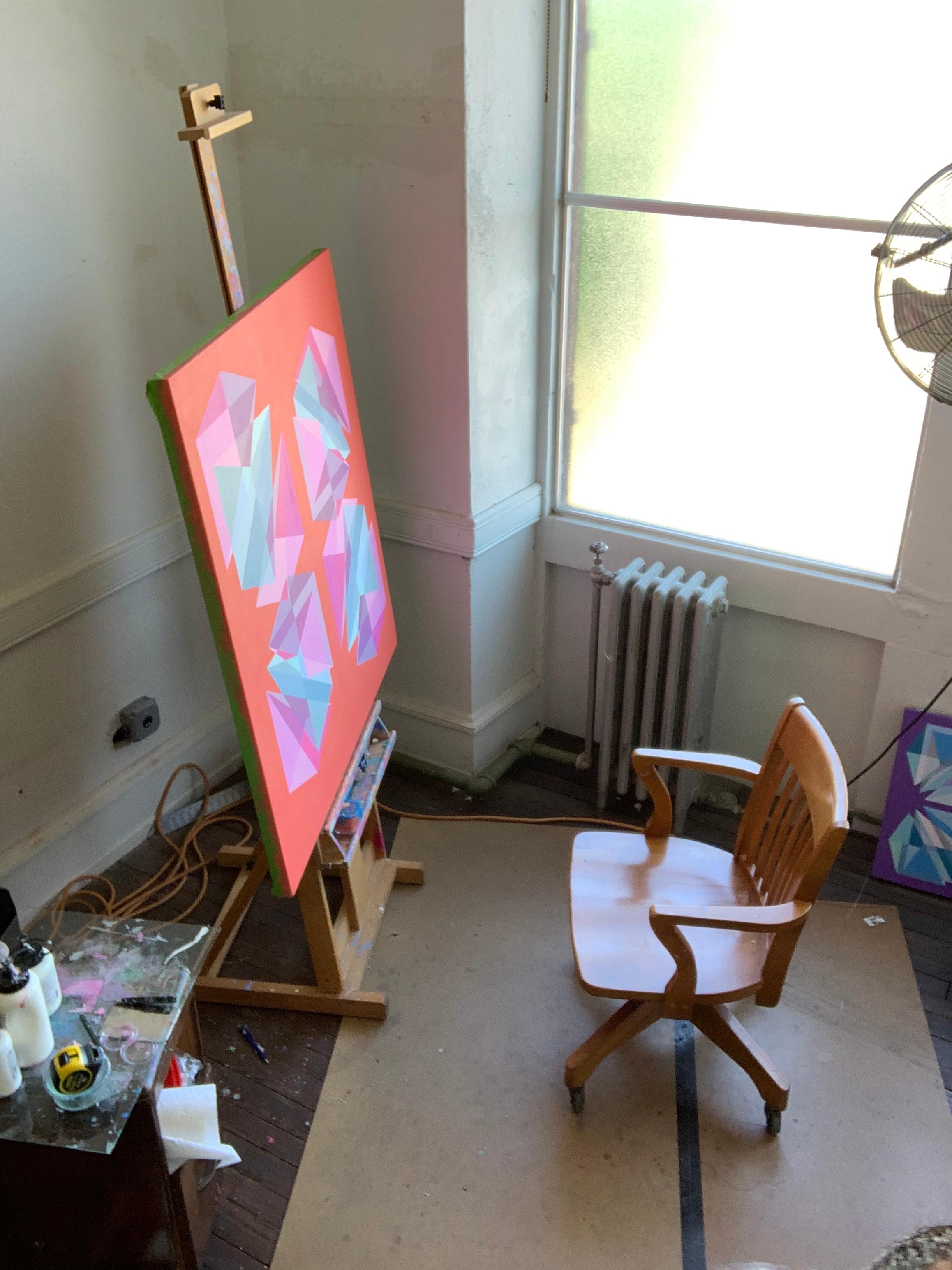 Benjamin Weaver creates spatial tension through his use of contrasting colors arranged in a geometric framework. Imagery and color work both with and against each other to create movement within the composition. By the artist’s careful placement of