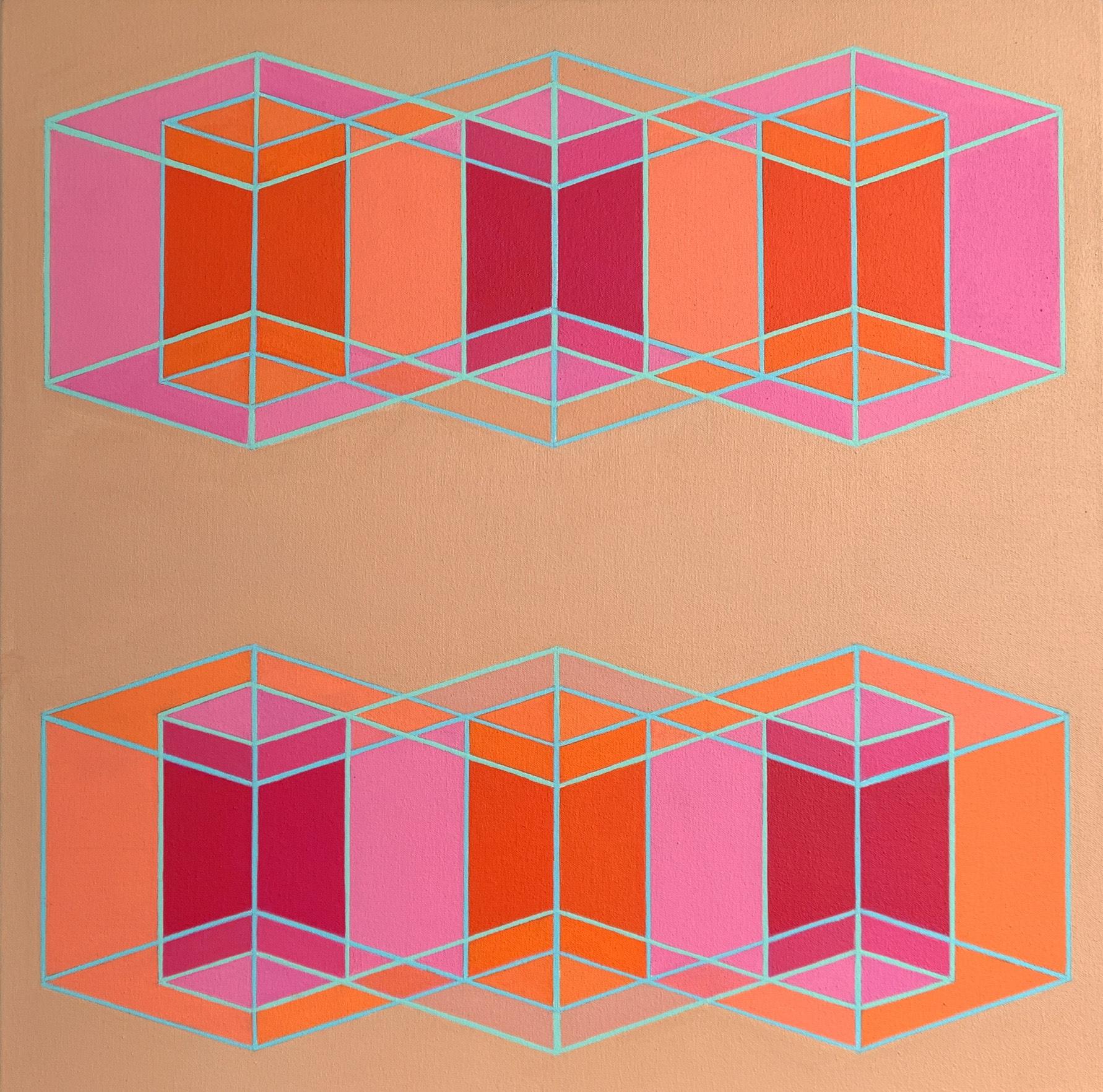 Benjamin Weaver Abstract Painting - Intersecting Inner/Outer Cubes 4: geometric abstract painting; pink, red, orange