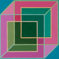 Inverse Cubes #6: geometric abstract Pop Art Op Art painting: pink, green & blue