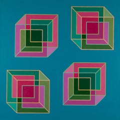 Inverse Cubes #6: geometric abstract Pop Art Op Art painting: pink, green & blue