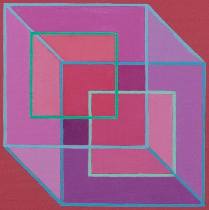 Inverse Cubes #7: geometric abstract Pop Art Op Art painting: violet pink & rose - Painting by Benjamin Weaver