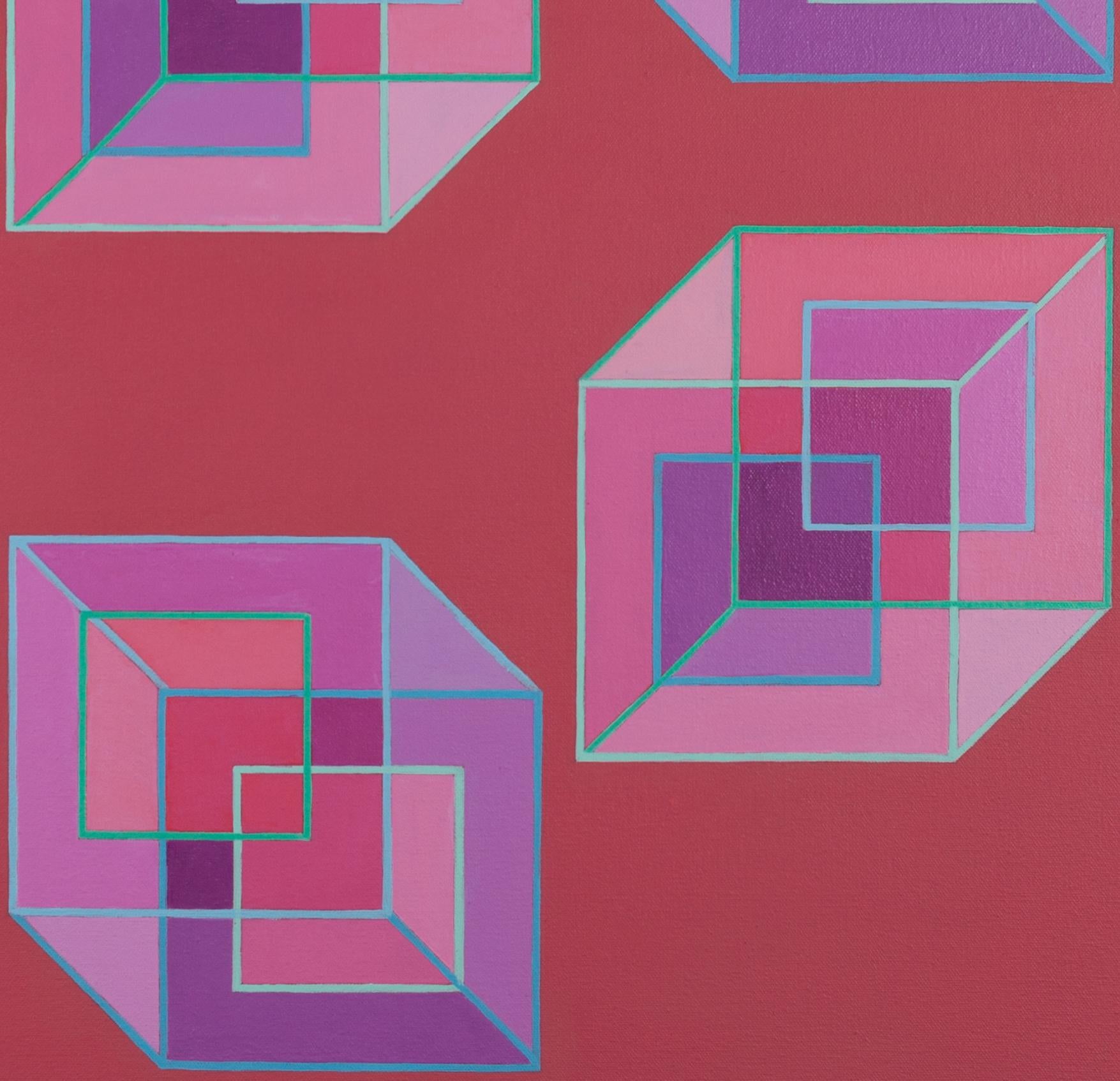 Inverse Cubes #7: geometric abstract Pop Art Op Art painting: violet pink & rose - Abstract Painting by Benjamin Weaver