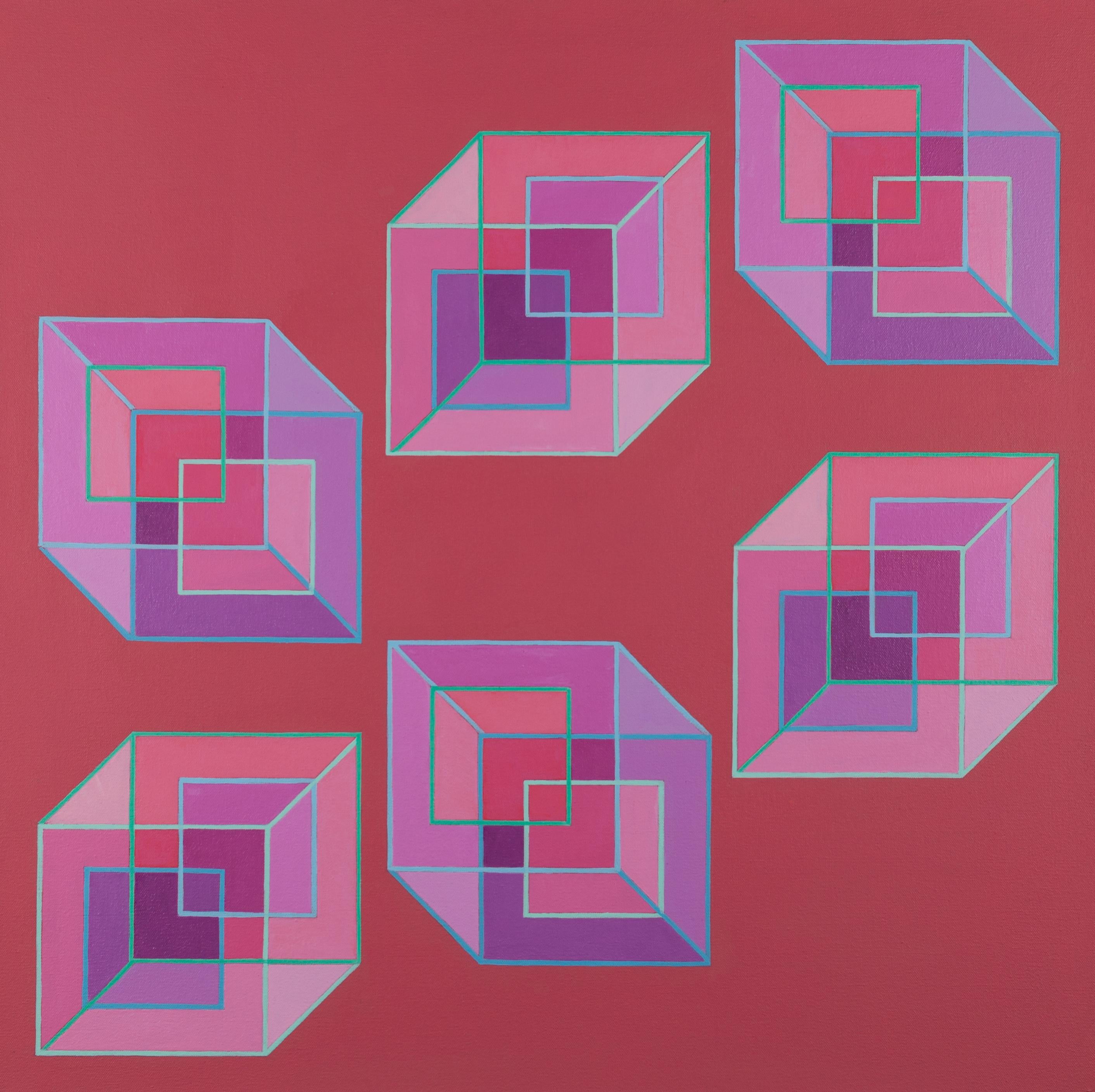 Benjamin Weaver Abstract Painting - Inverse Cubes #7: geometric abstract Pop Art Op Art painting: violet pink & rose