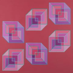 Inverse Cubes #7: geometric abstract Pop Art Op Art painting: violet pink & rose