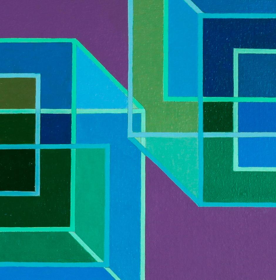Inverse Cubes #8: geometric abstract Pop Art Op Art painting: blue green purple - Painting by Benjamin Weaver