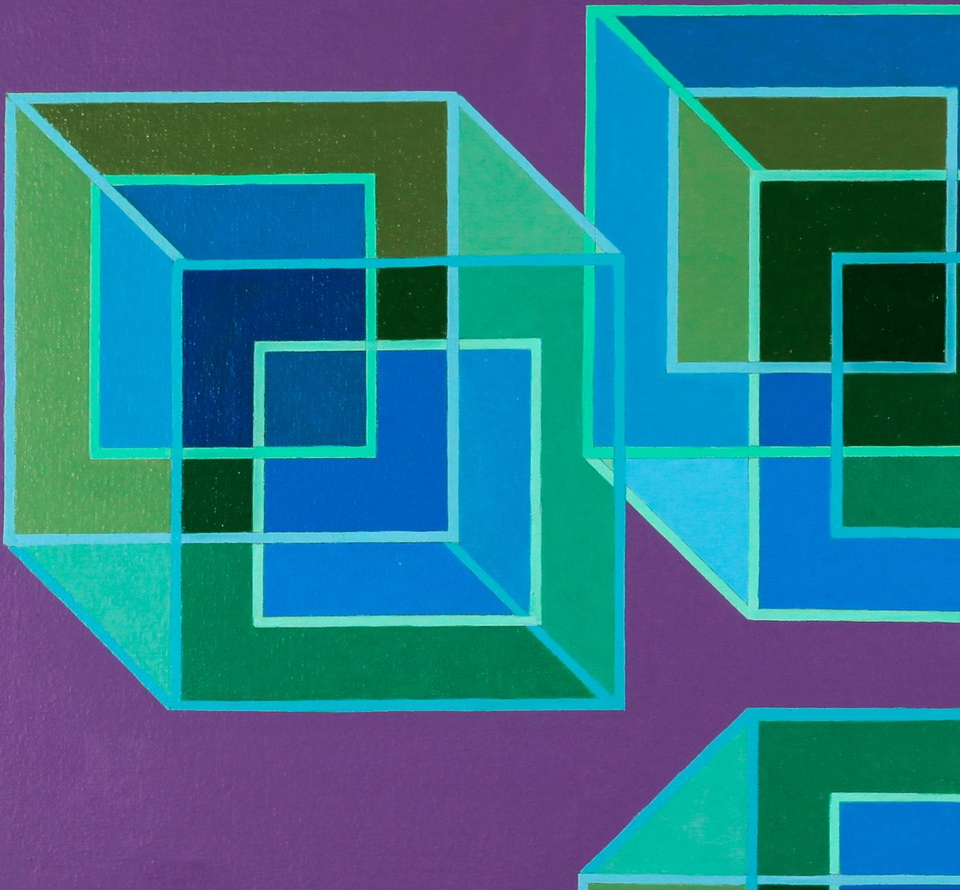 Inverse Cubes #8: geometric abstract Pop Art Op Art painting: blue green purple 4